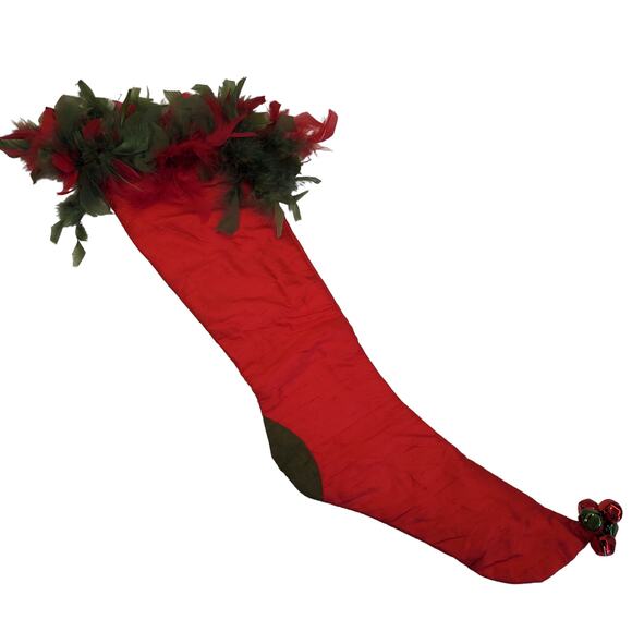 Vintage Silk Christmas Stocking Red Feathered Bell Accents Green Feathers 25" - Picture 13 of 13